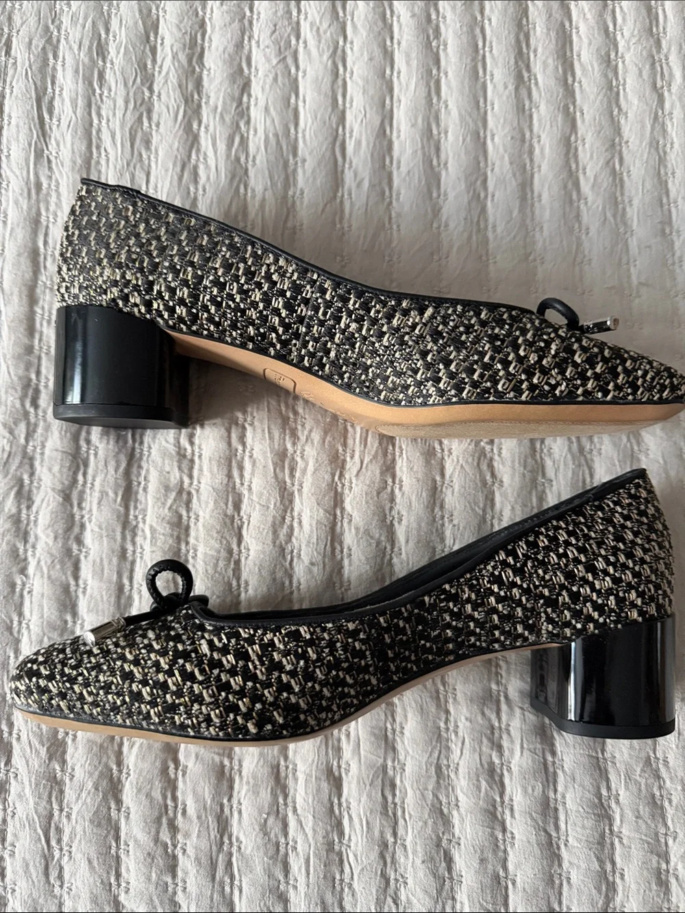 NWOT Franco Sarto Black-Gold-Cream Tweed Bow Ballet Heels 8.5 ❤️ Perfect In Fall